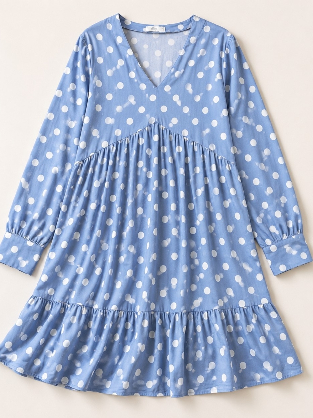 Blue White Polka Dot Tiered Babydoll Dress Long Sleeve V Neck